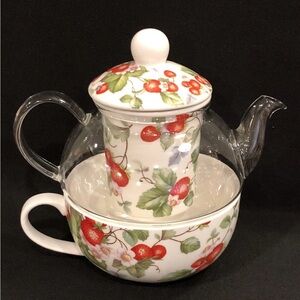 NEW Grace Teaware 5-Piece Glass Porcelain 13OZ Tea For One w/ Infuser Strawberry